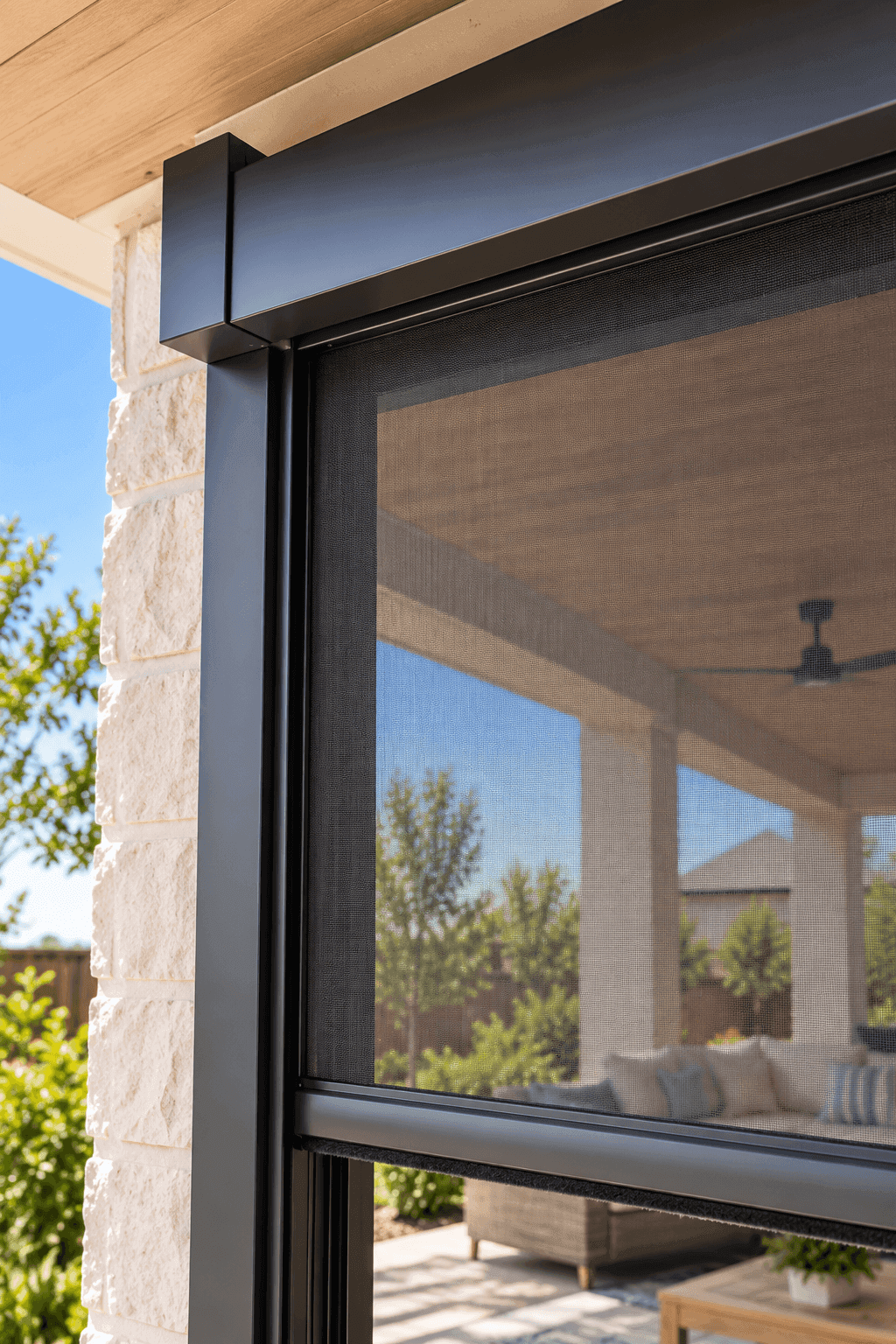 Retractable screen fully drawn across a Plano patio door