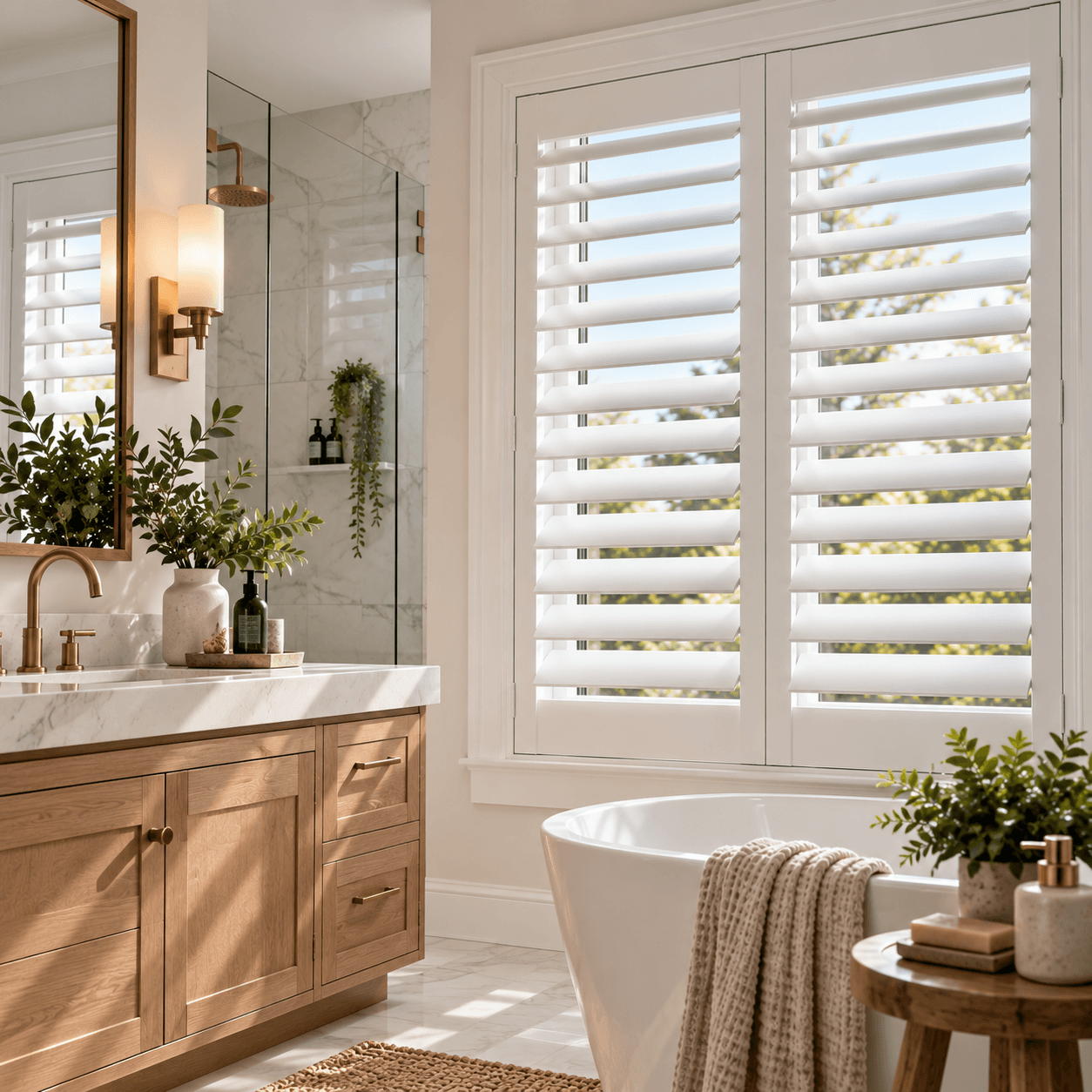 Poly shutters above a bathroom vanity