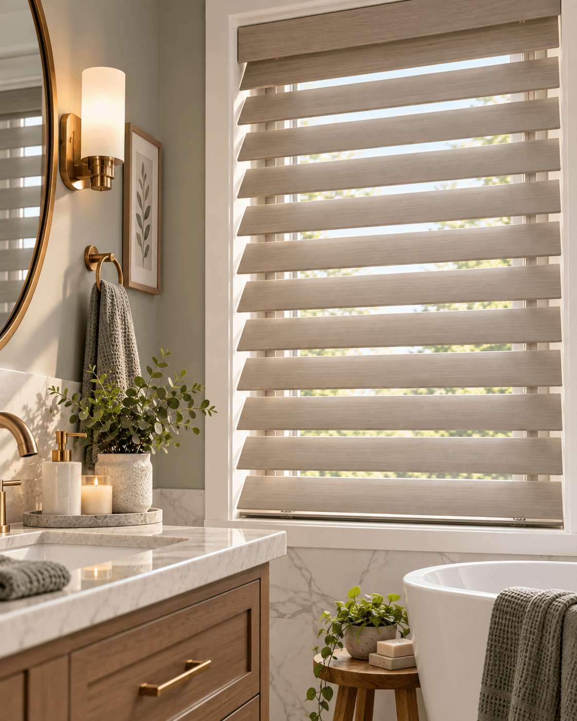 Faux wood blinds in a bright bathroom window