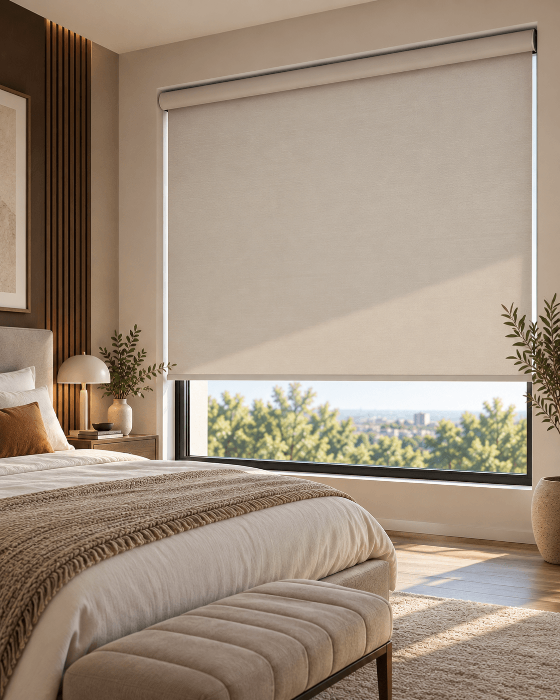 Roller shades on tall windows in a Southlake home