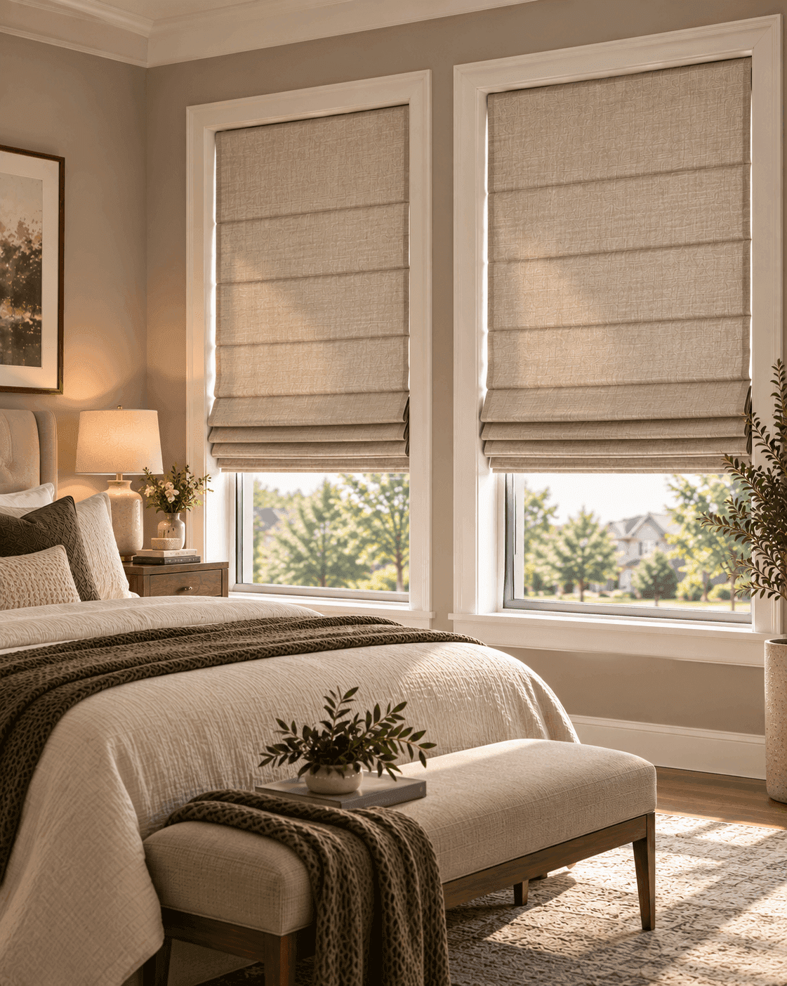 Roman blinds in a bedroom window
