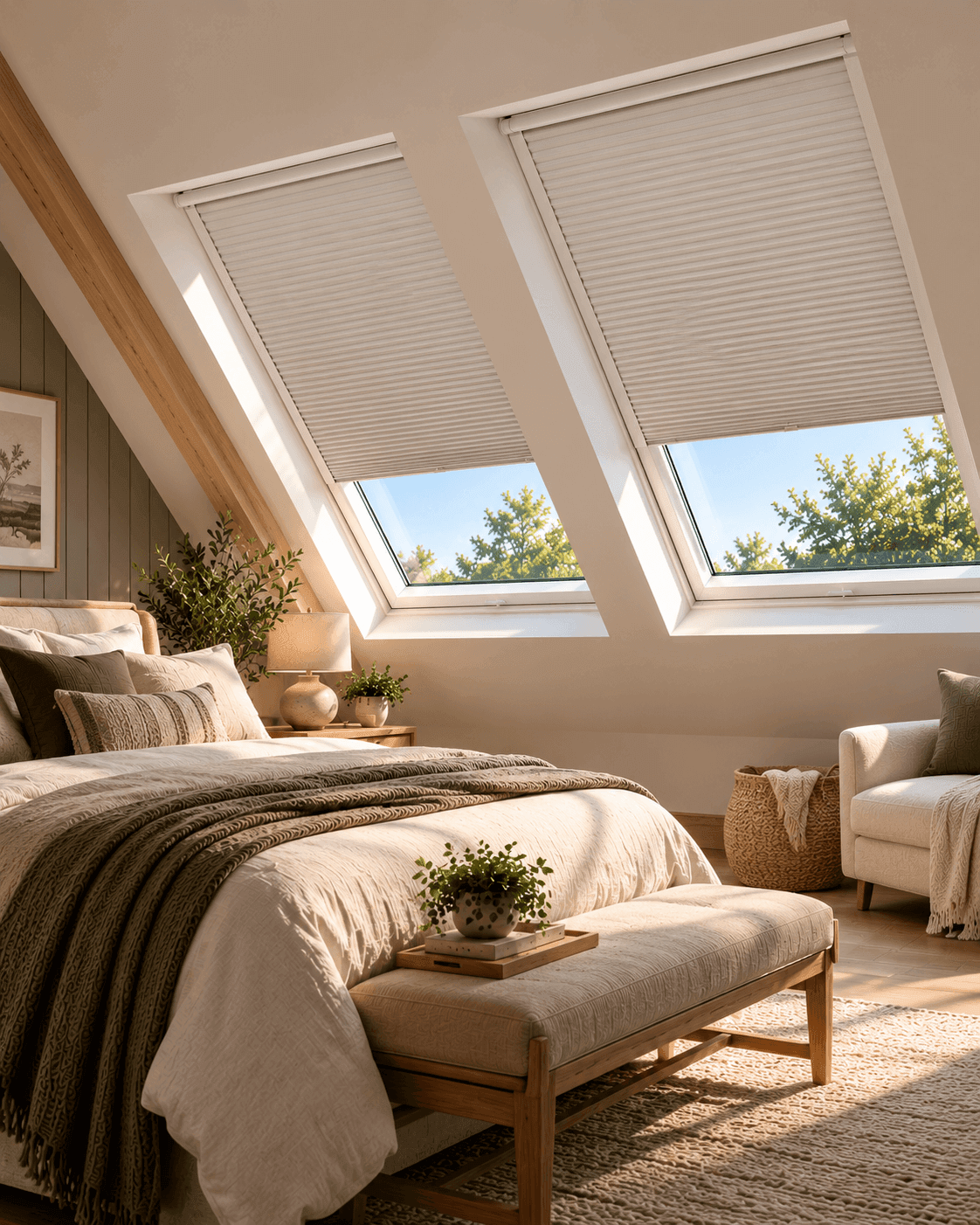 Skylight blind in an attic bedroom
