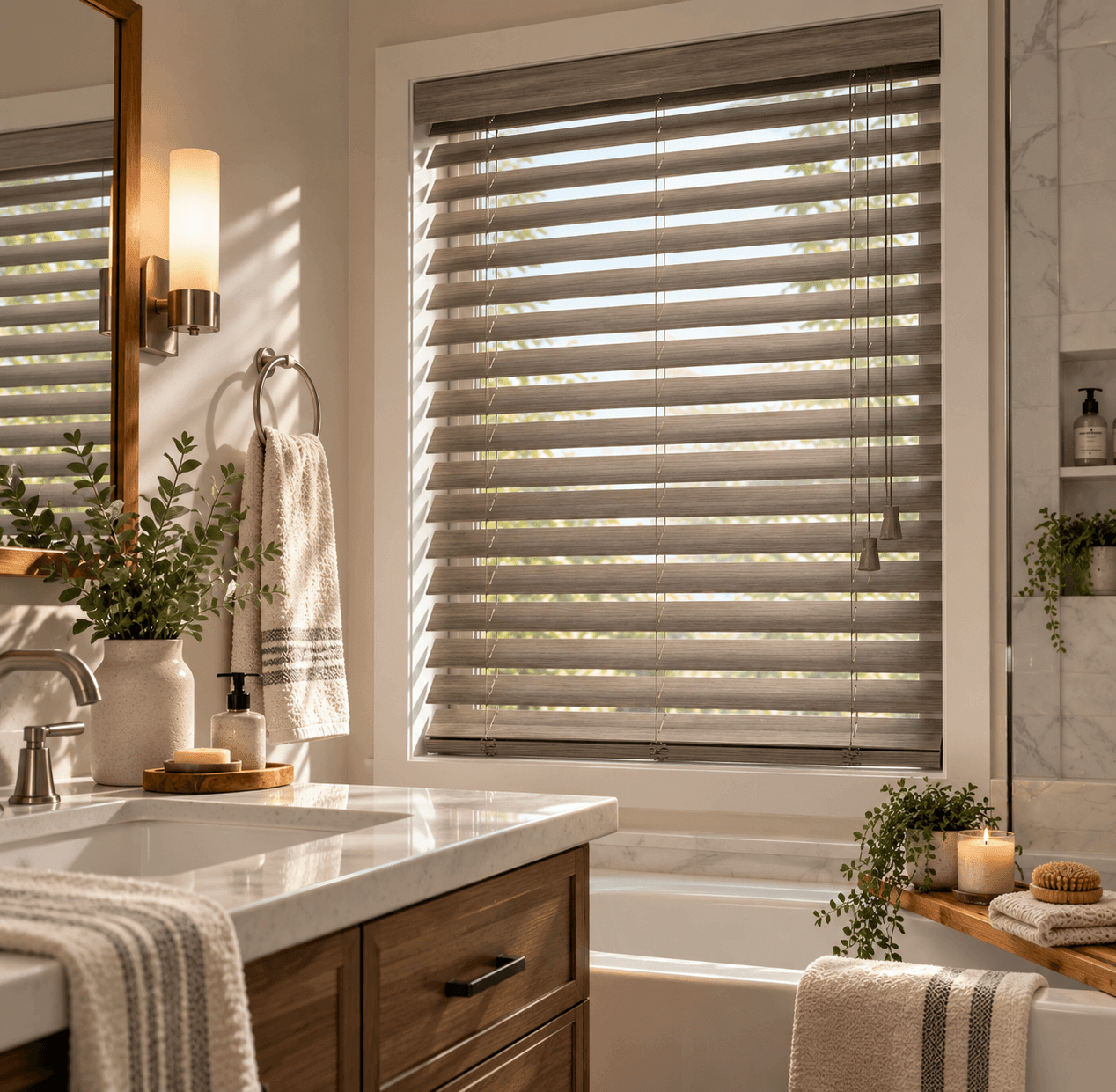 Faux wood blinds in a bright, full-sun west-facing window