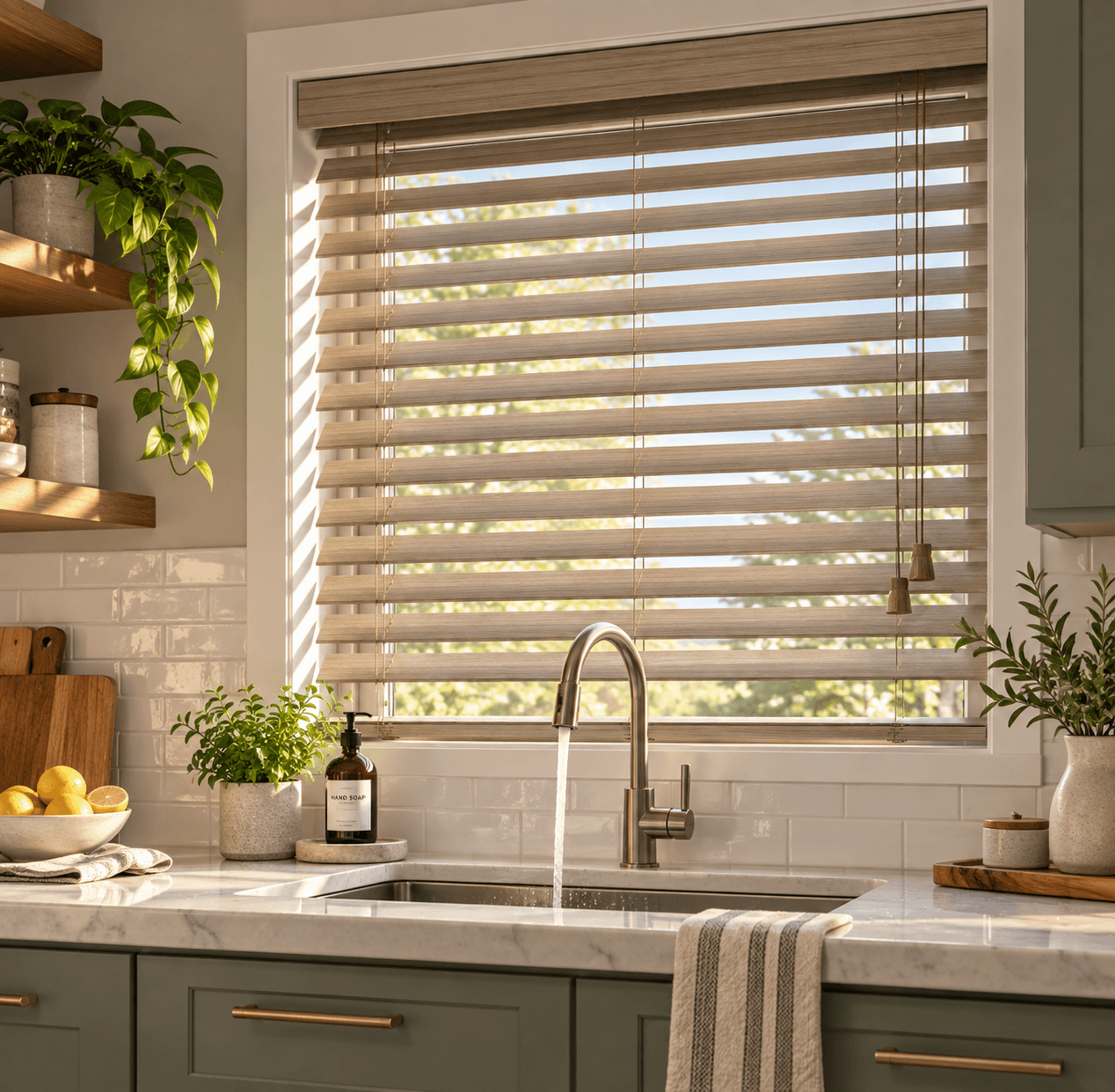 Faux wood blinds above a kitchen sink, steam and splashes nearby
