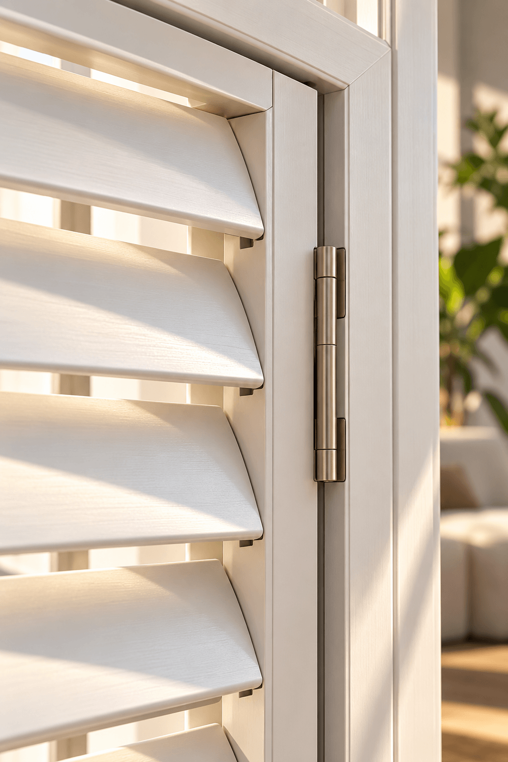 Close-up of a shutter louver hinge and frame joinery