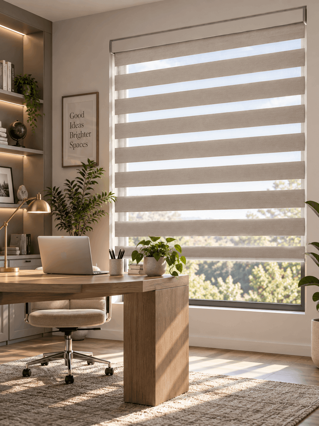 Zebra blinds on a tall home office window