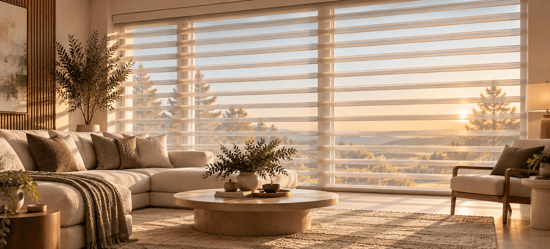 Warm DFW living room with Shangri-La blinds at golden hour