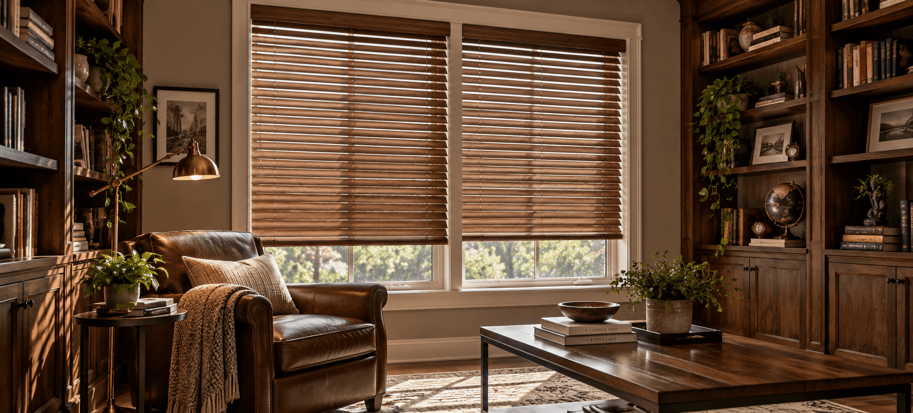 Warm DFW kitchen with faux wood blinds at golden hour