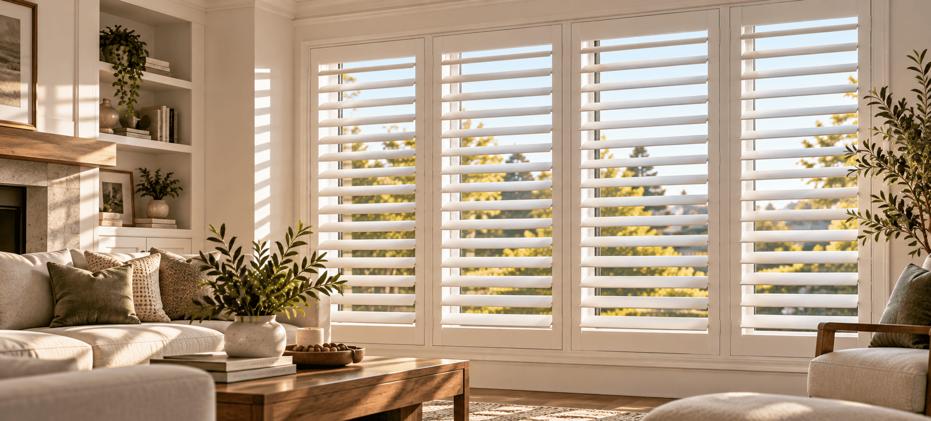 Warm Dallas living room with plantation shutters at golden hour