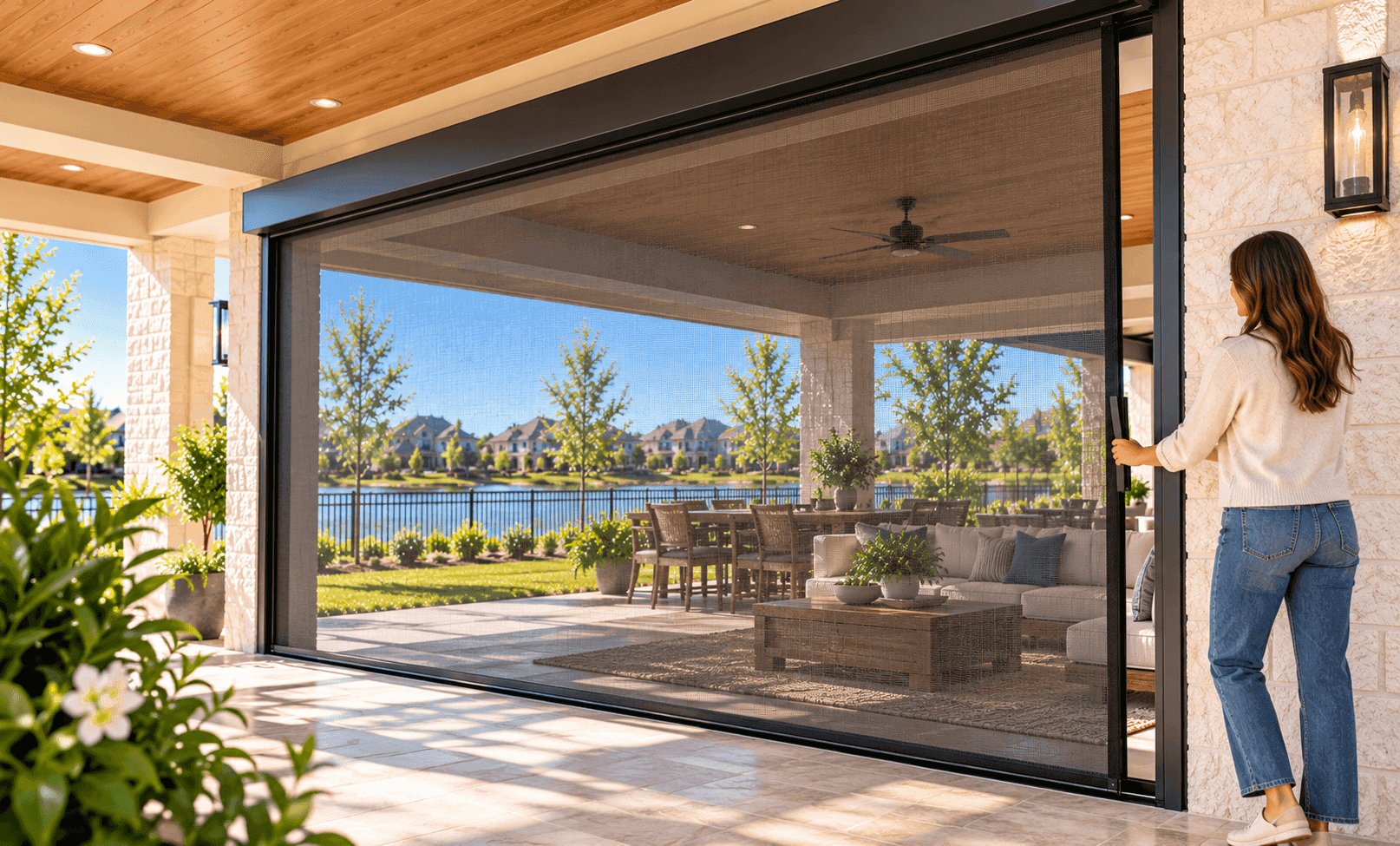 Warm wide shot of a DFW patio door with a retracted screen at golden hour