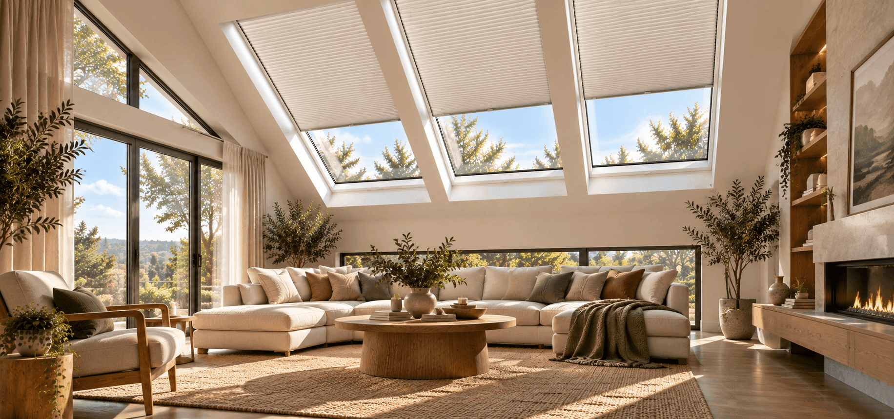 Warm DFW room with a skylight blind at golden hour
