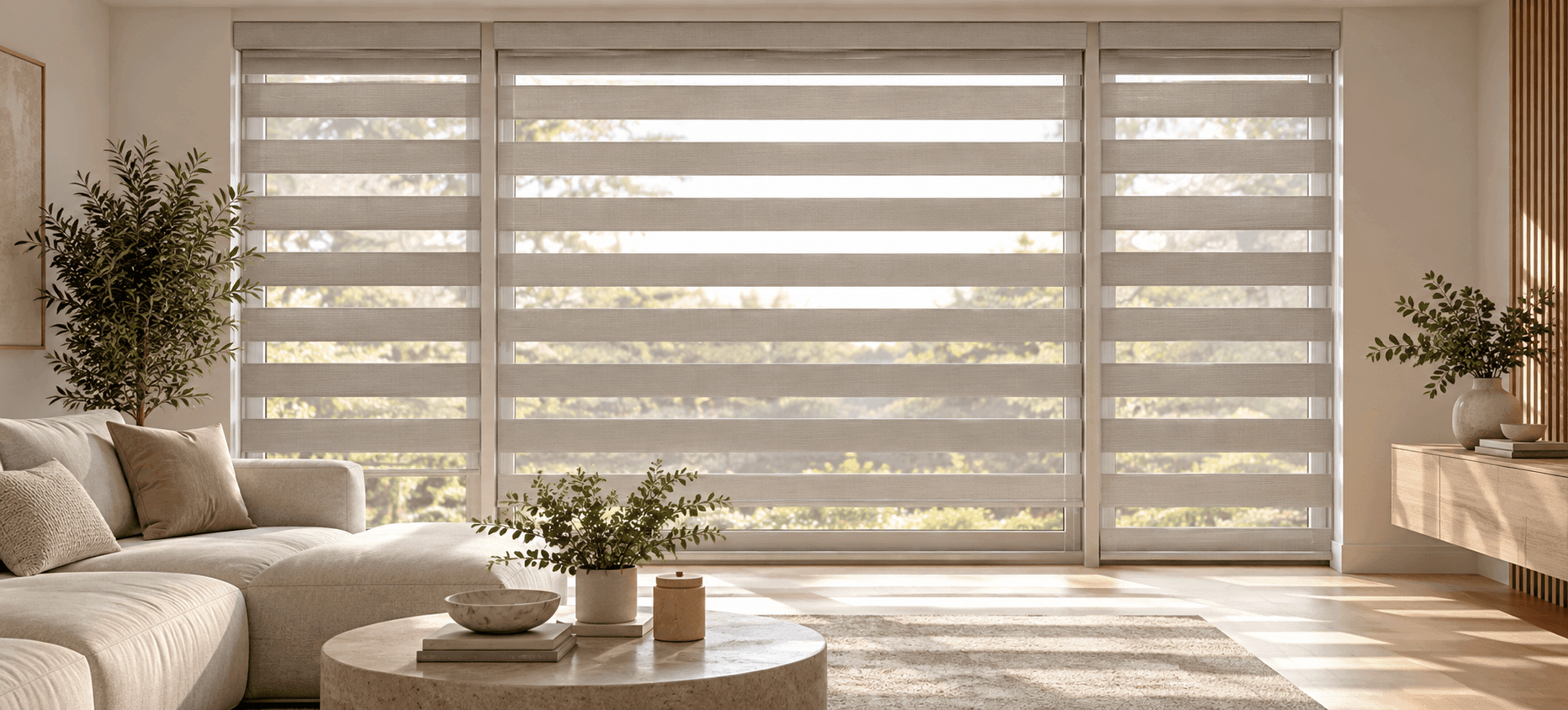 Warm living room with butterfly blinds
