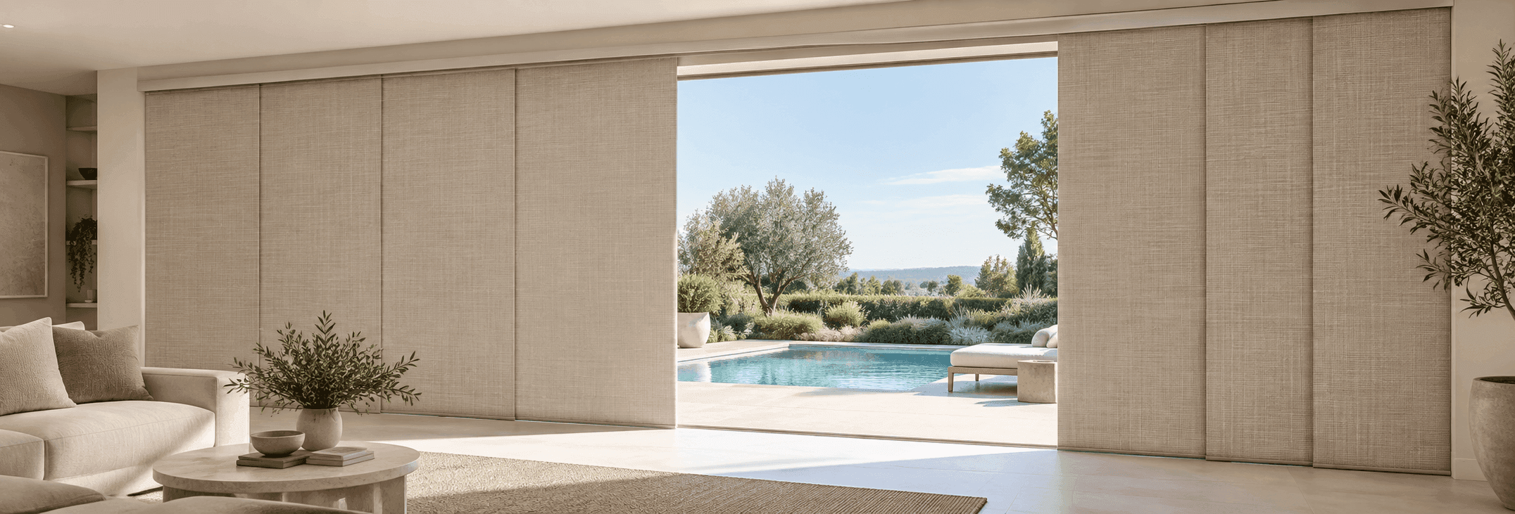 Warm DFW room with panel track blinds at golden hour