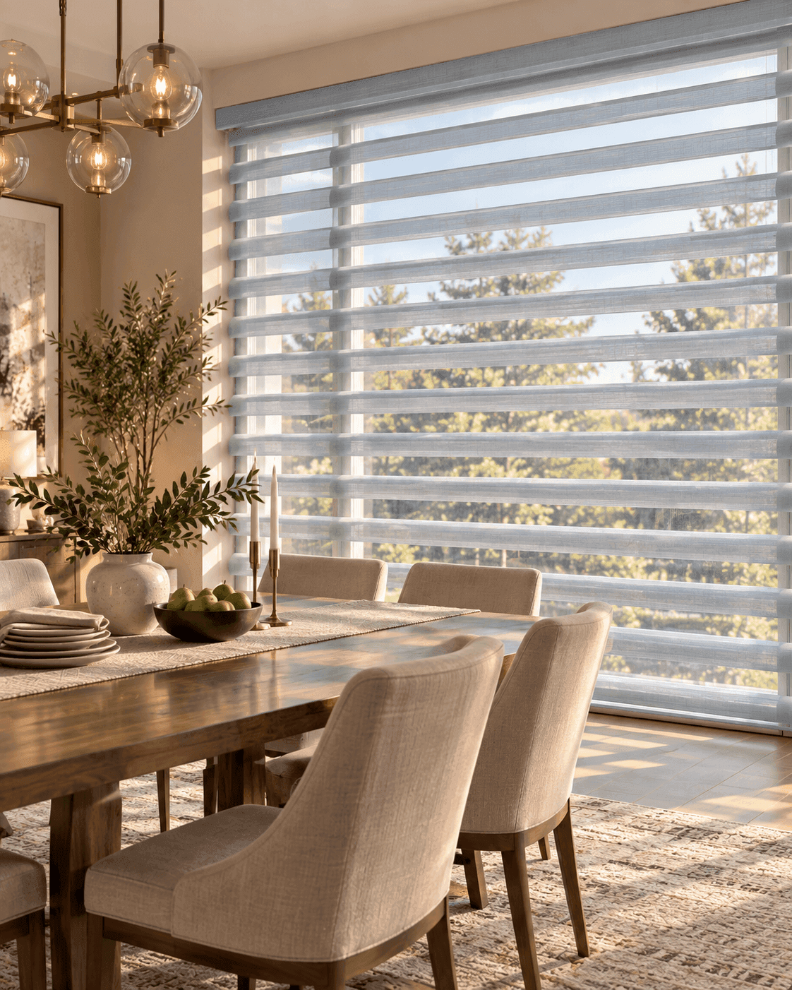 Shangri-La blinds behind a dining table