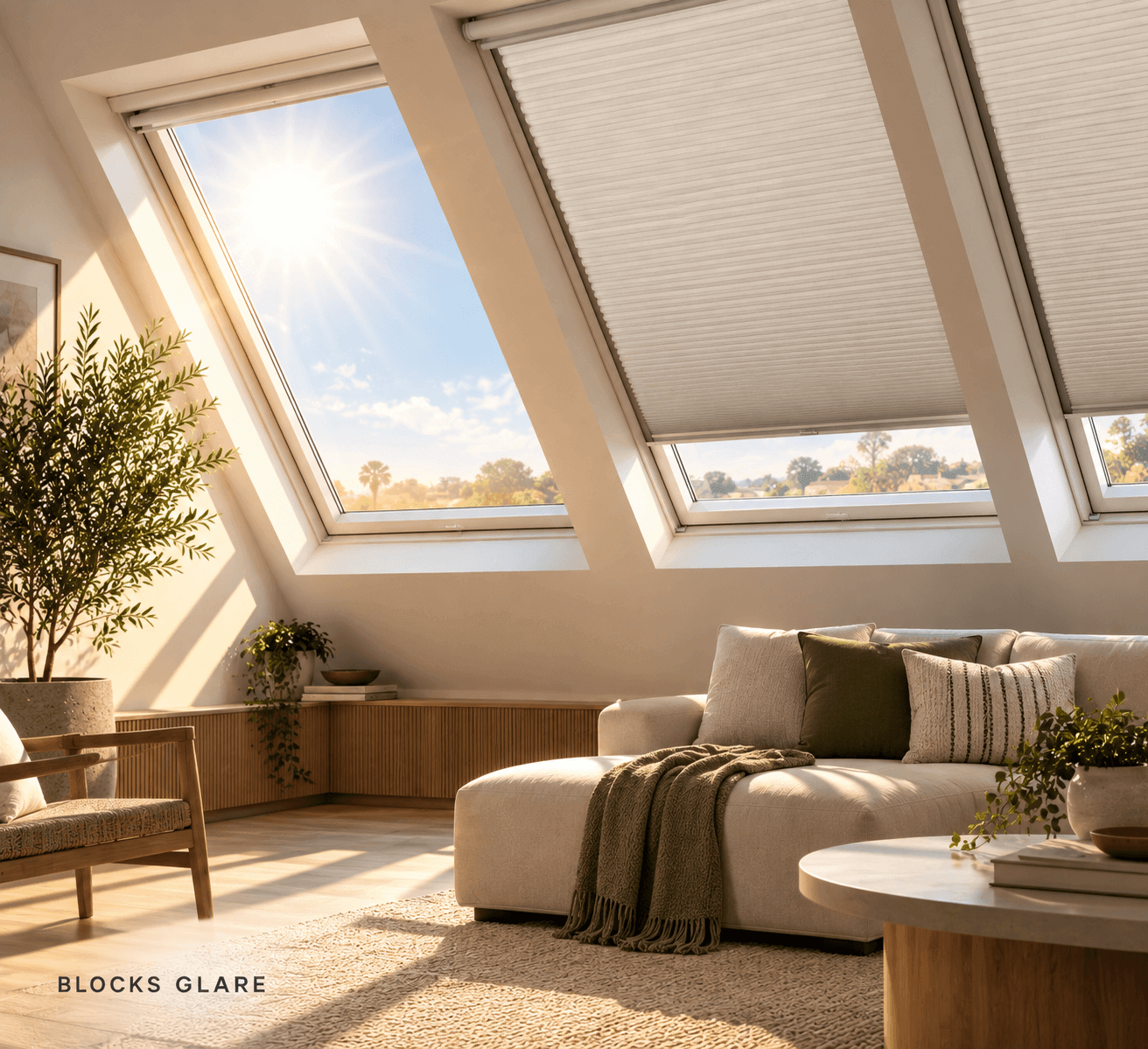 Skylight blind blocking harsh midday glare in a sunroom
