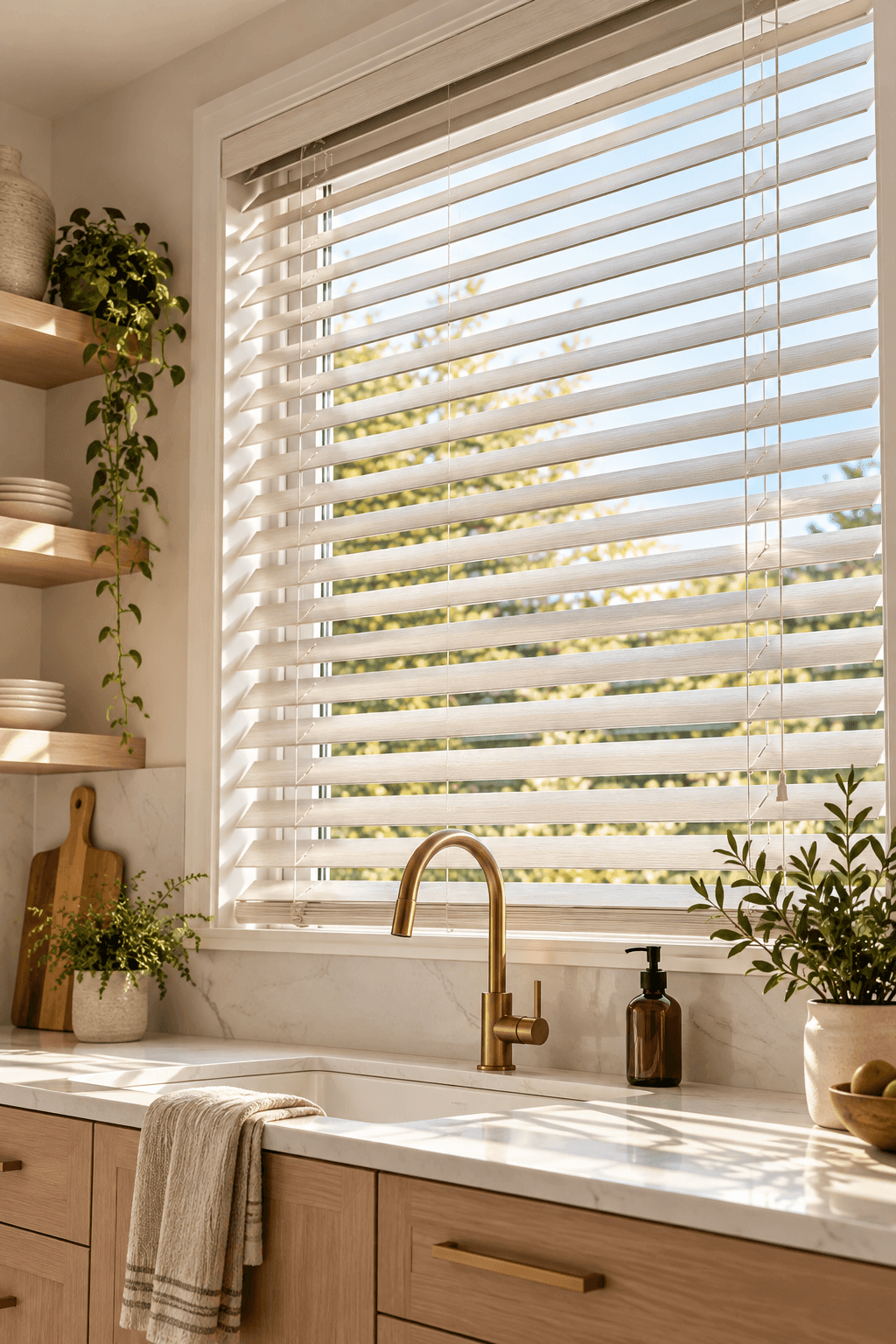 Fauxwood Blinds in a bright kitchen