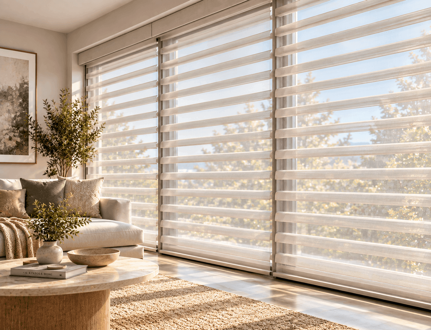 Shangri-La blind vanes angled halfway, diffused daylight