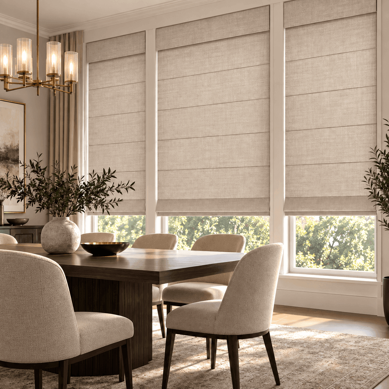 Flat-fold Roman blind lowered in a dining room
