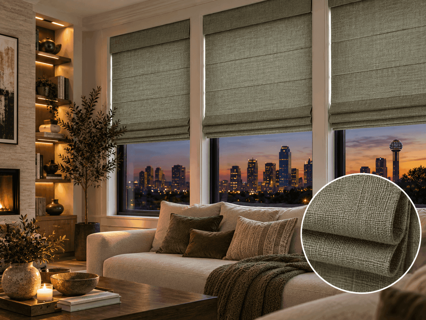 Roman blind fabric detail in a warm DFW dining room at dusk
