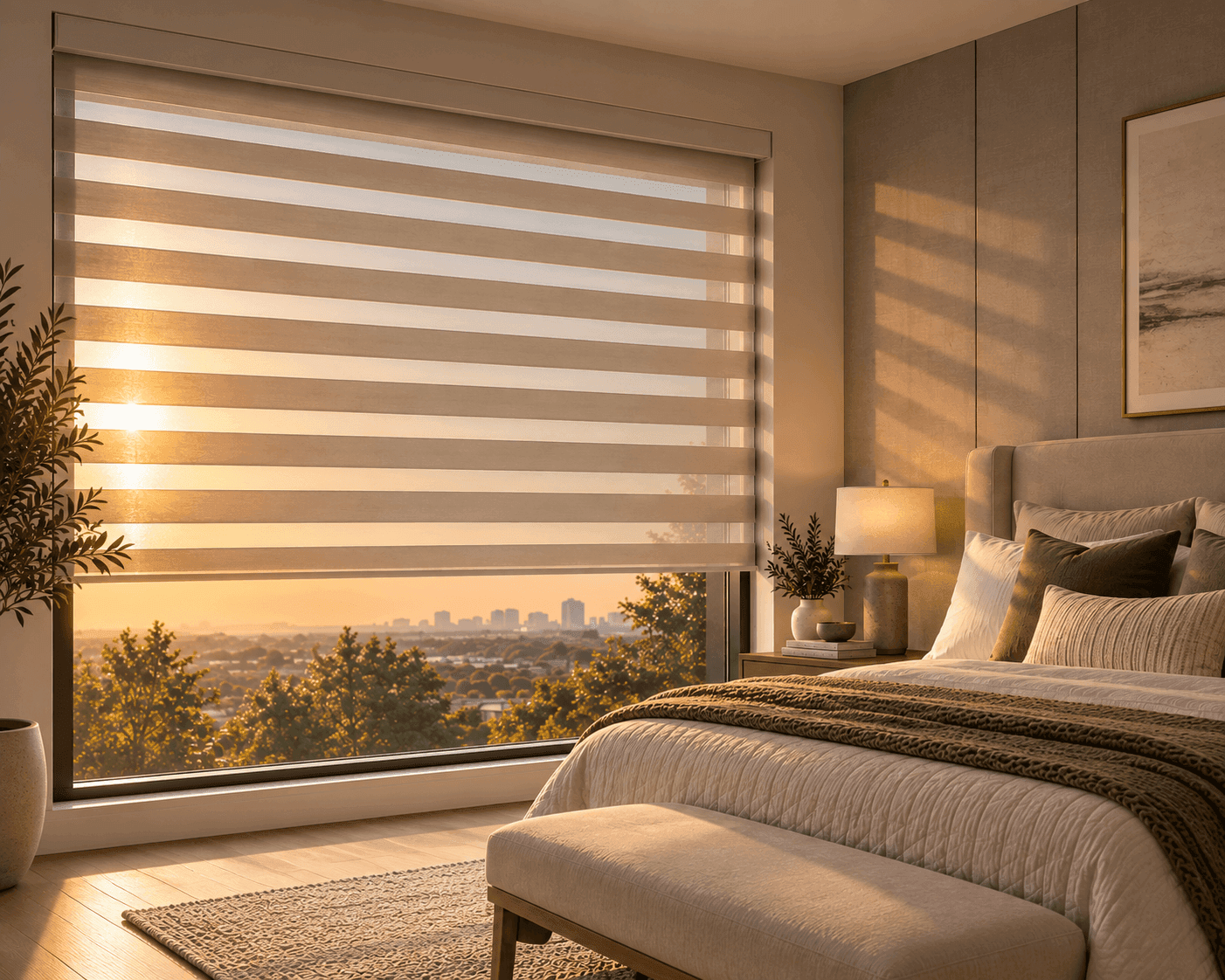 Zebra blinds holding back late afternoon sun in a Texas bedroom