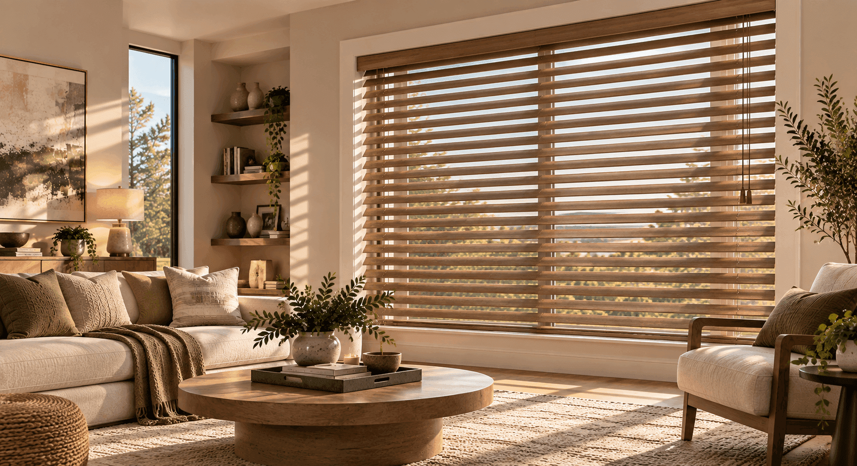Faux wood blinds in a bright luxury interior