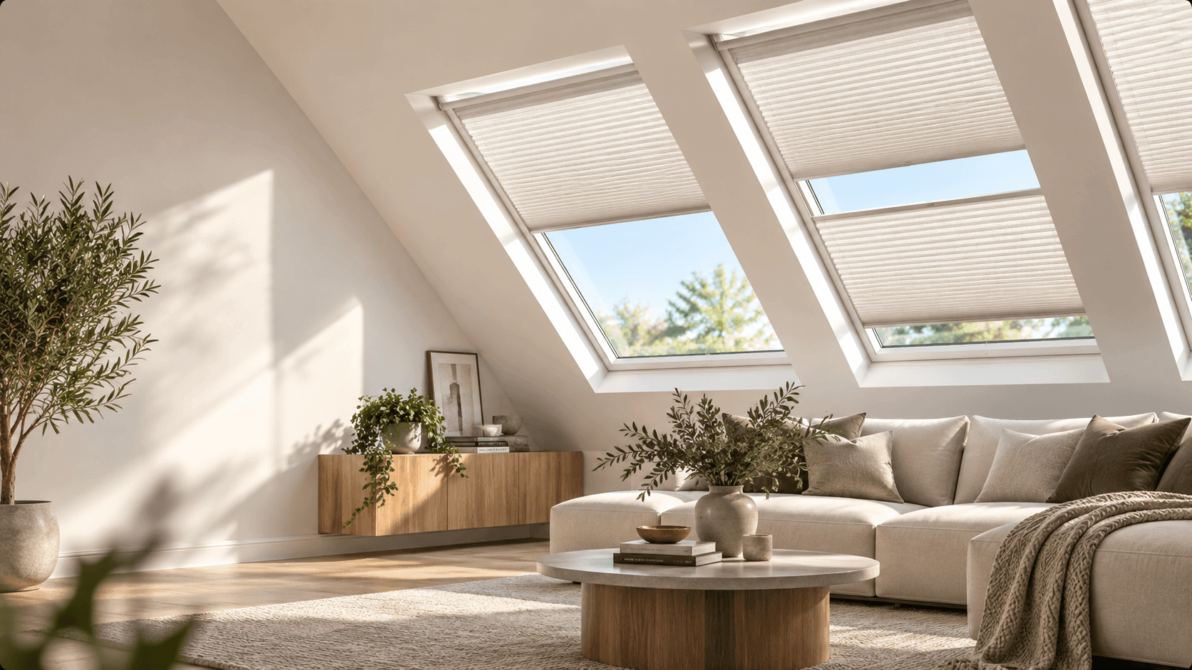 Hero: pleated skylight blind fitted into a slanted roof window, sunbeams overhead