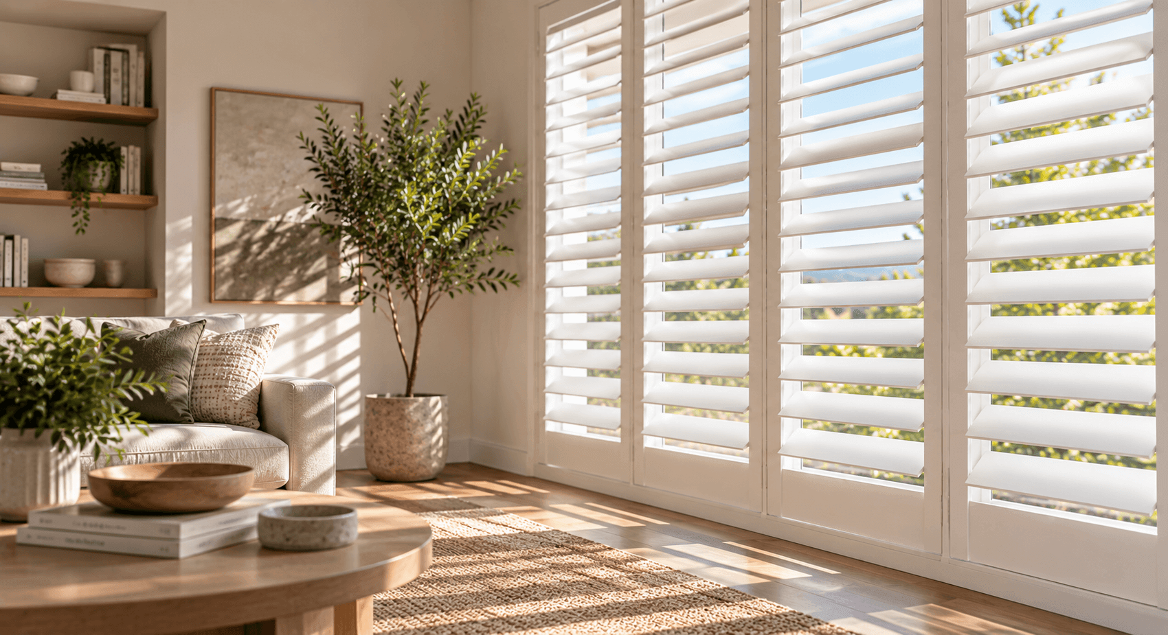 Plantation shutters framing a sunlit Dallas living room window