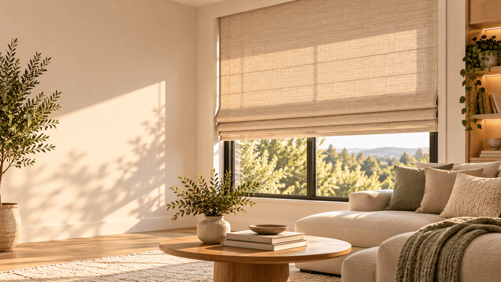 Roller shades half raised in a bright Dallas living room
