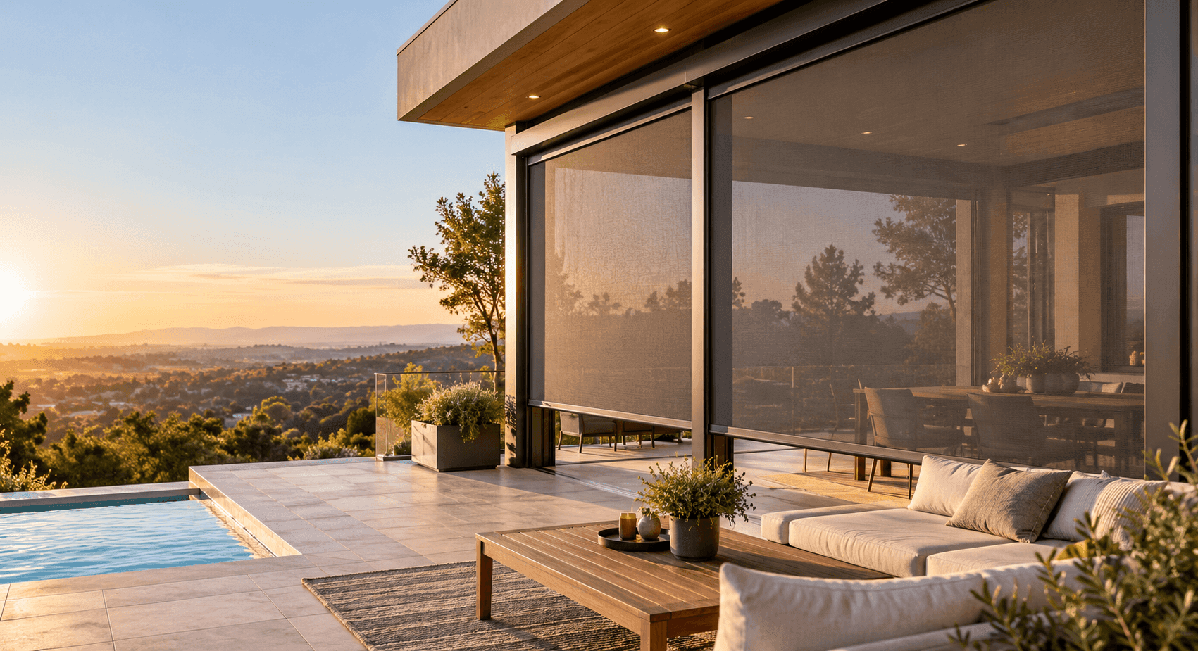 Retractable screen partly drawn across a wide DFW sliding glass door