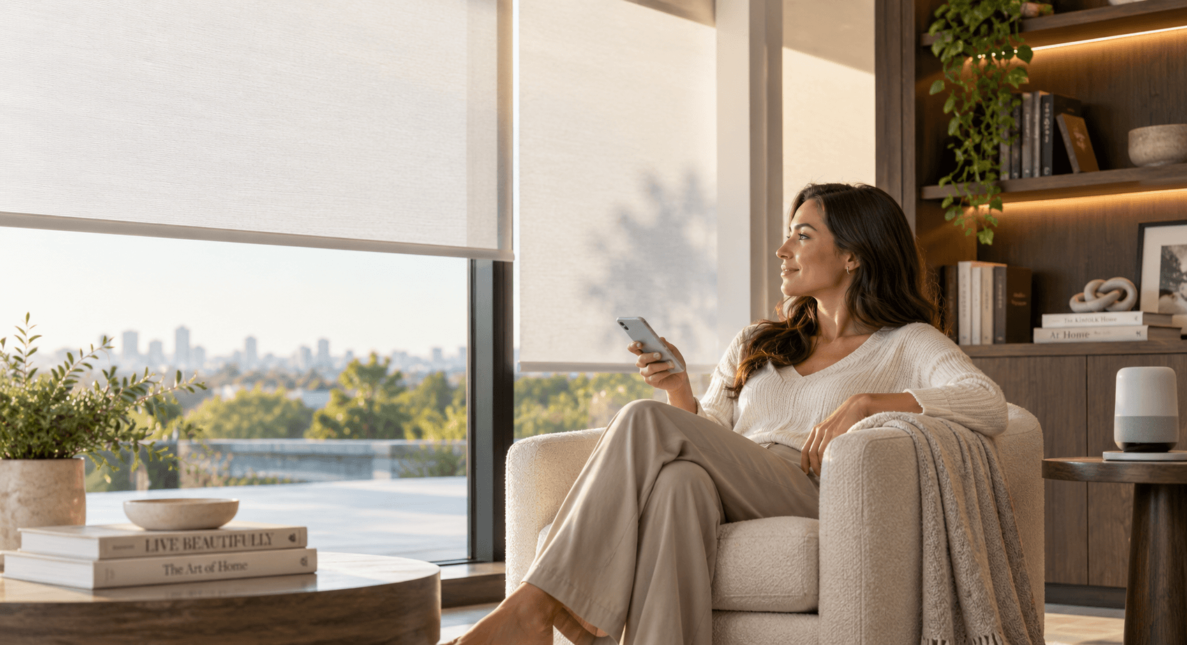 Motorized shades lowering via app in a Dallas-Fort Worth living room