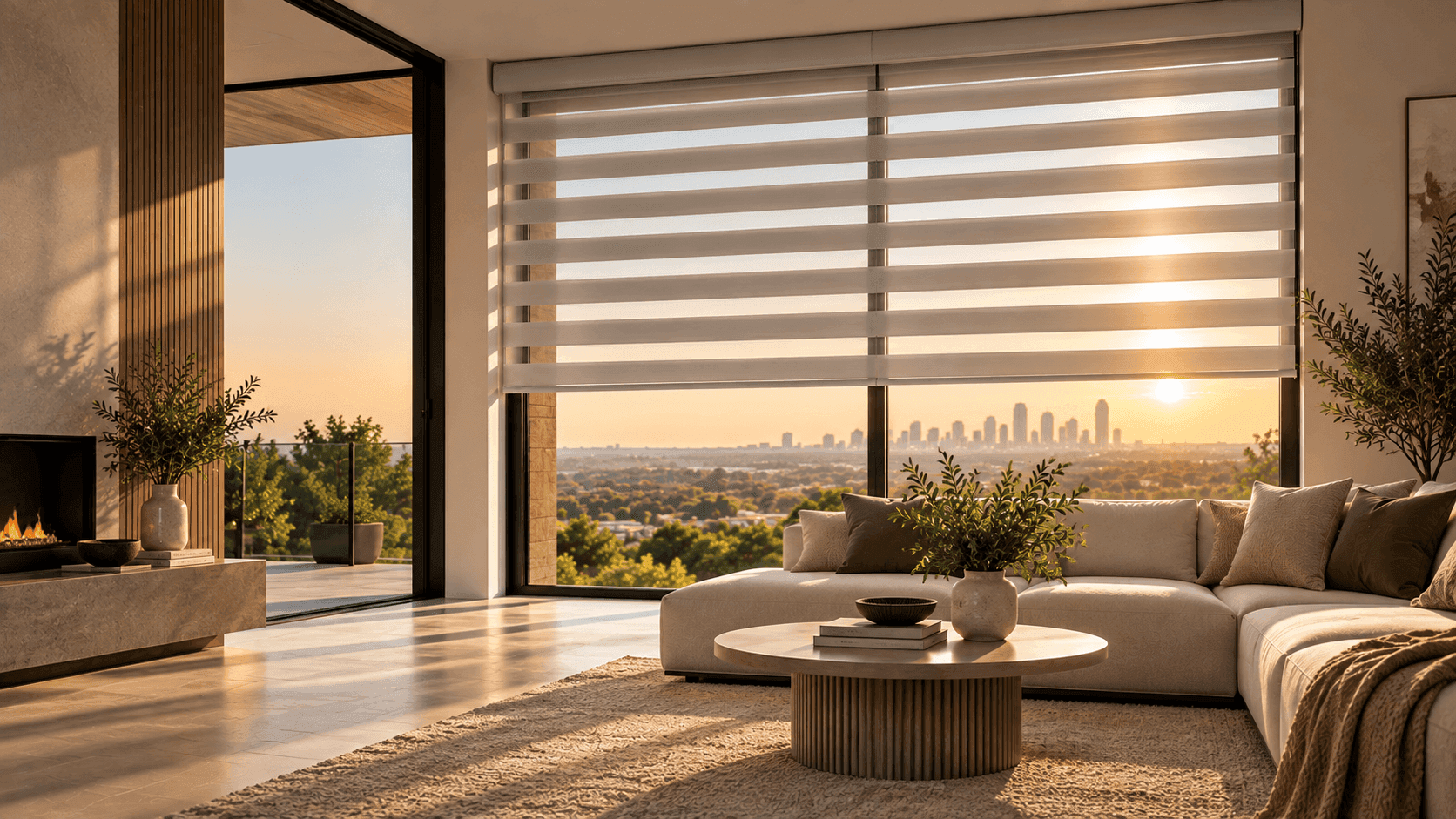 Zebra blinds in a sunlit Dallas living room