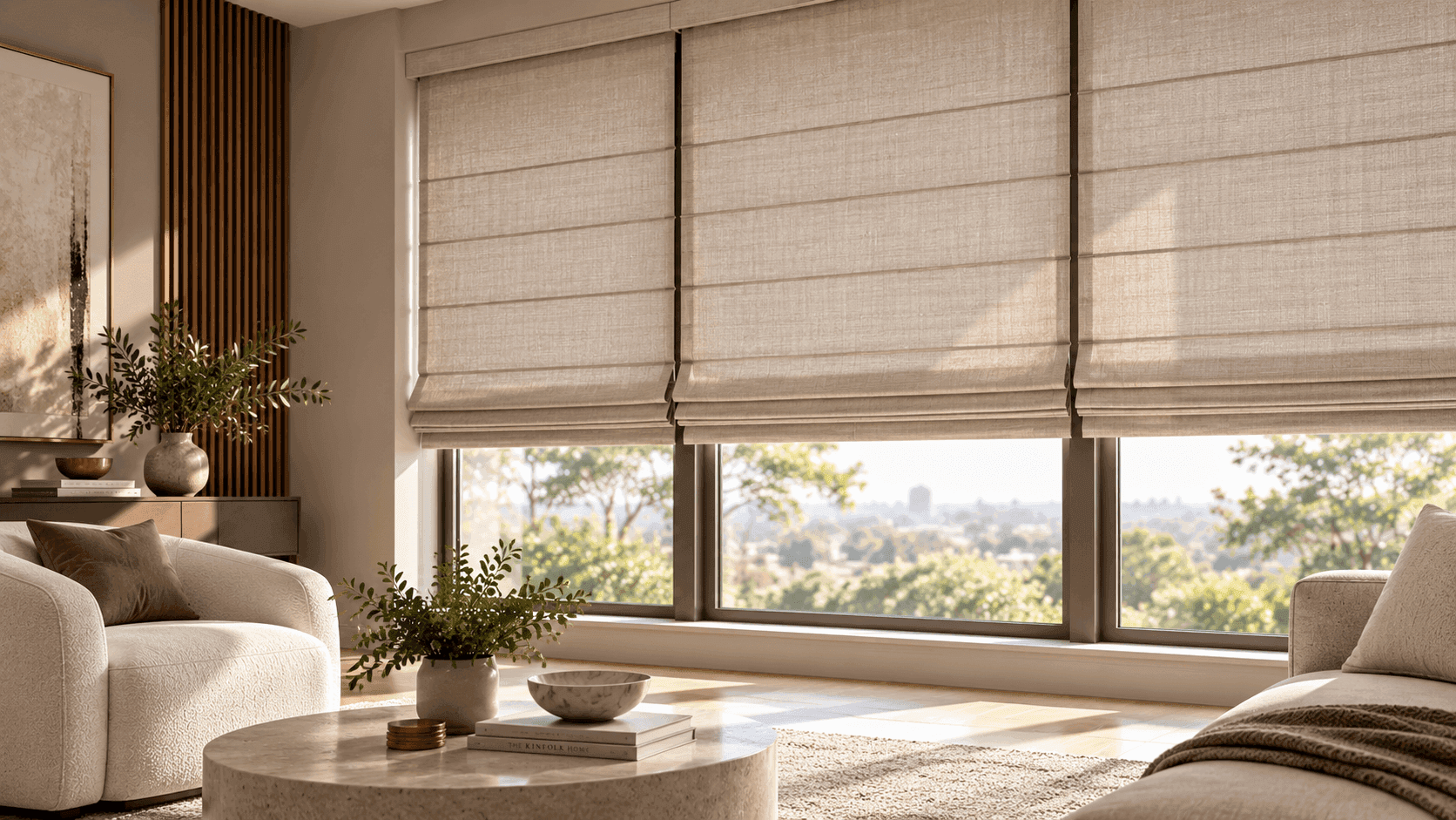 Soft-fold Roman blind in a sunlit DFW living room