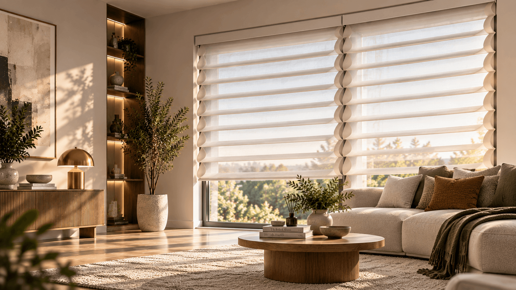 Hero: butterfly blind with layered floating vanes half-open in a sunlit DFW living room