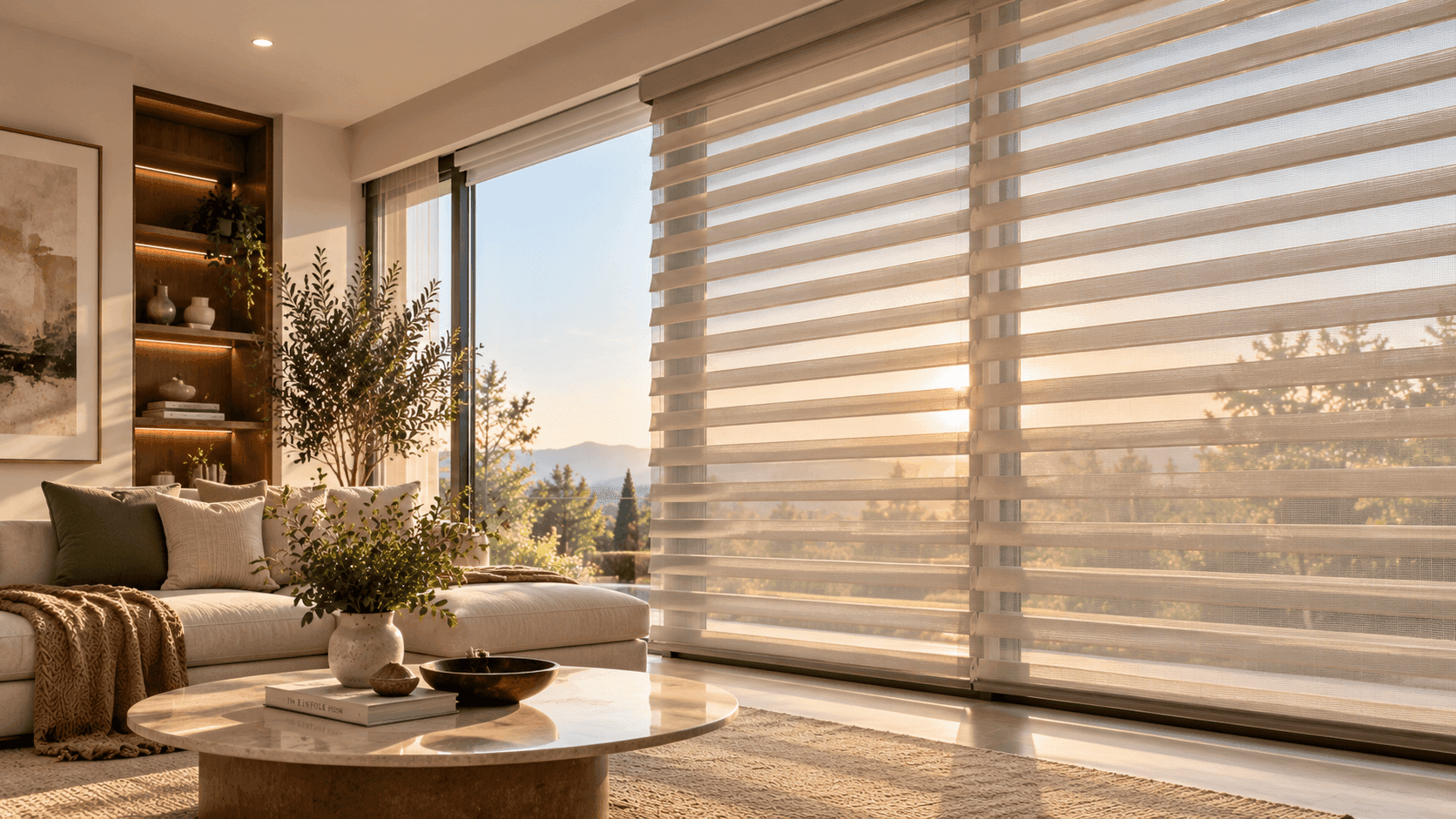 Shangri-La blind with soft tilting fabric vanes in a sunlit living room