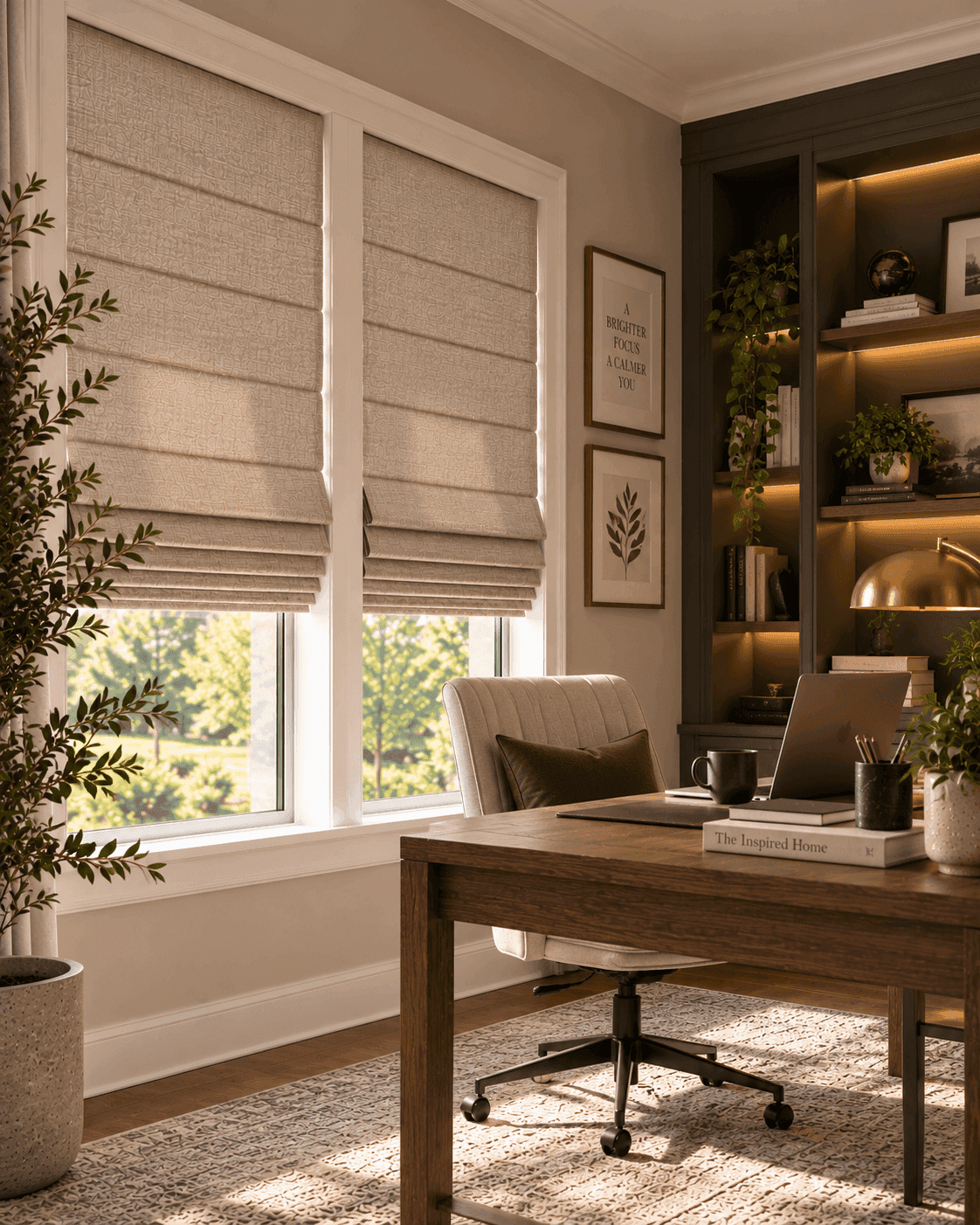 Roman blinds in a home office window