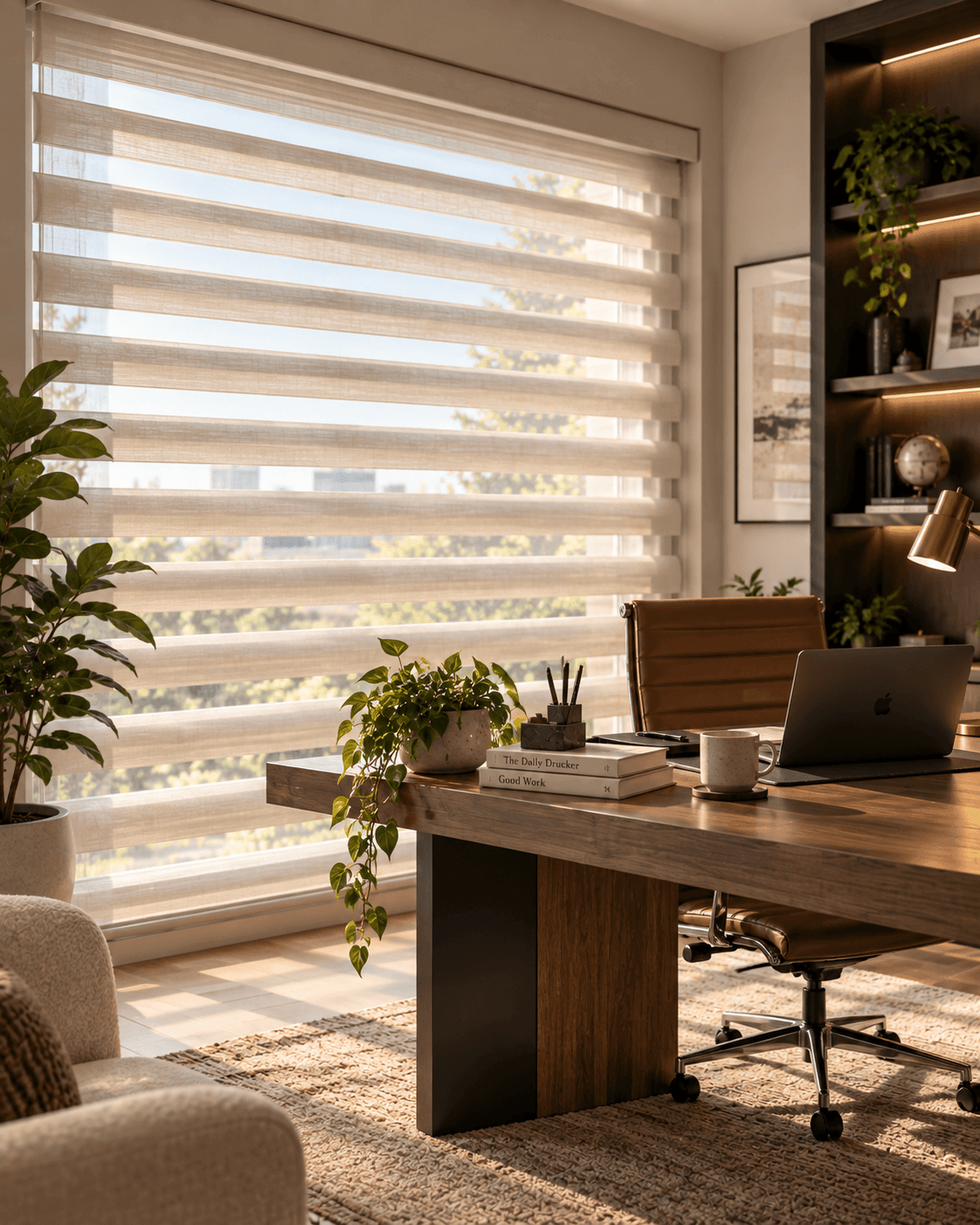 Shangri-La blinds behind a home office desk