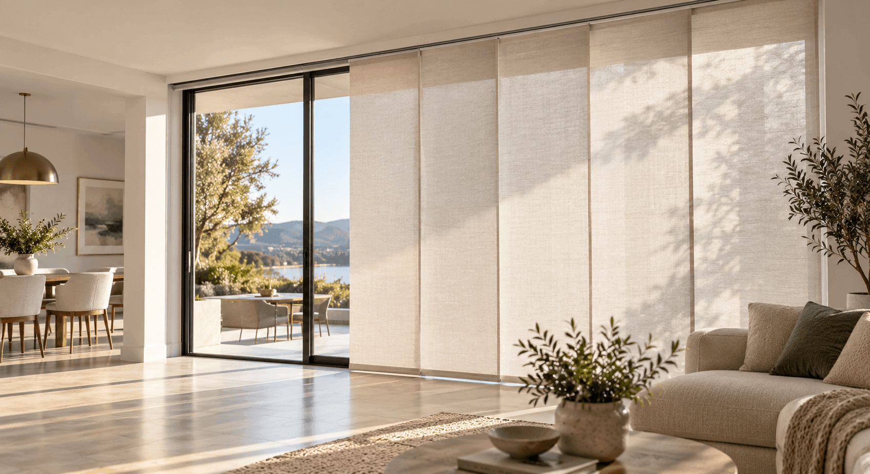 Wide fabric panel track blinds gliding open across a DFW sliding glass door
