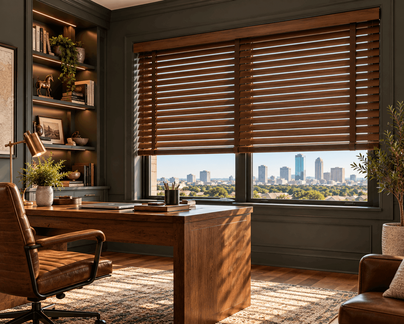 Stained Fauxwood blinds in a Fort Worth study