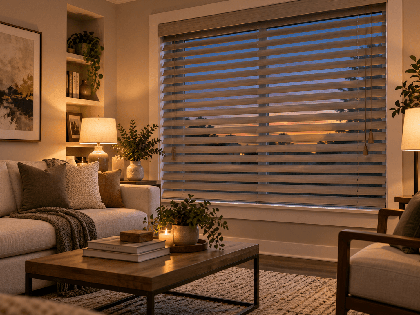 Faux wood blinds in a warm DFW living room at dusk, lamp lit
