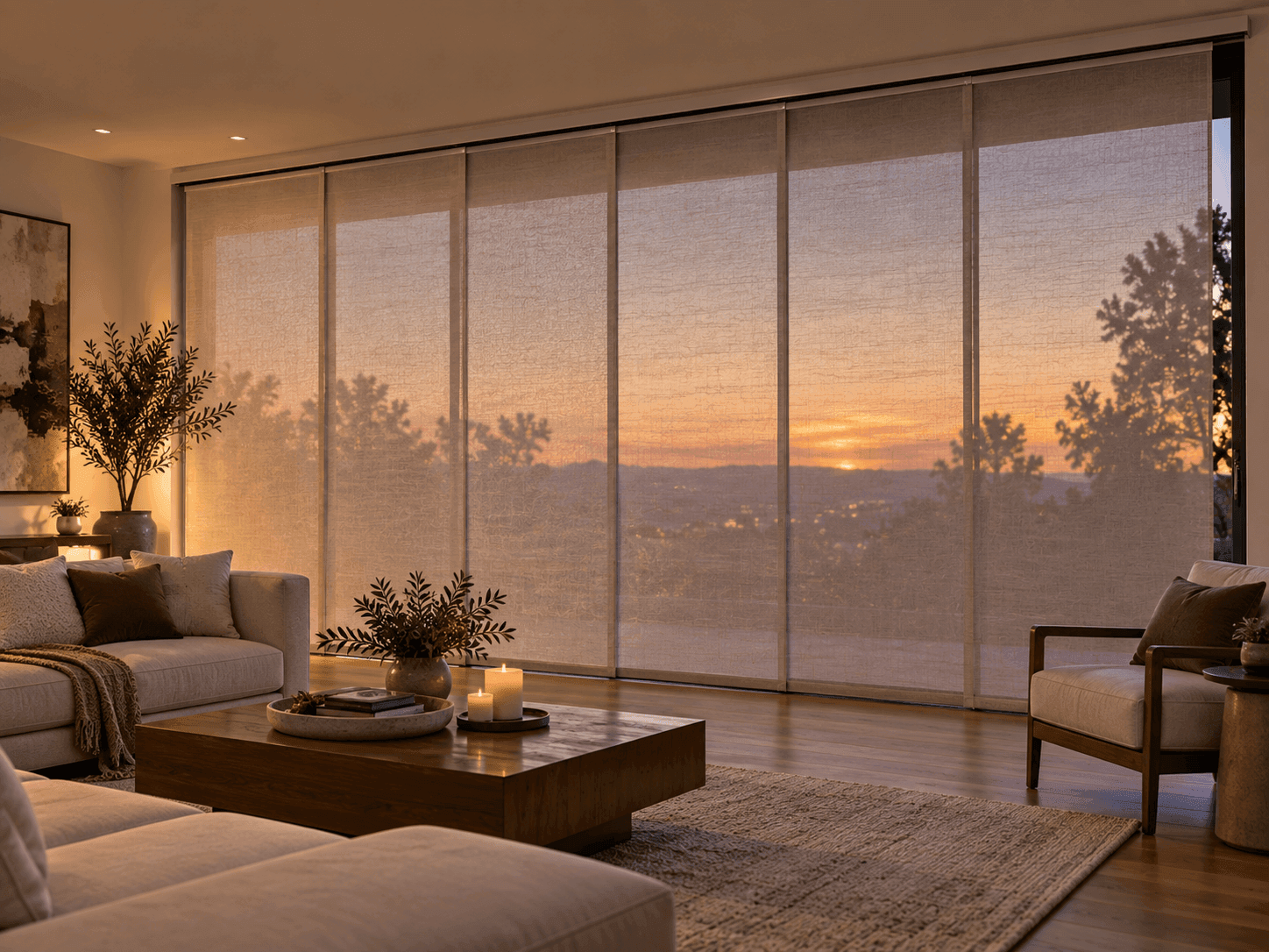 Panel Track Blinds spanning a wide living room wall