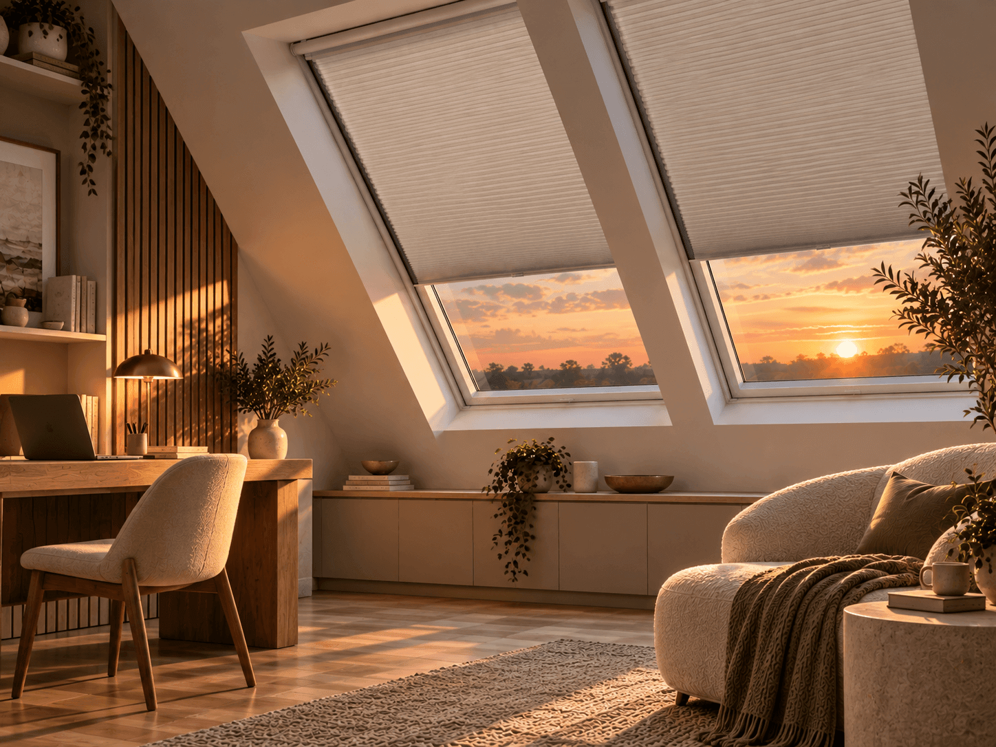 Skylight blind fitted into a vaulted ceiling window, evening light