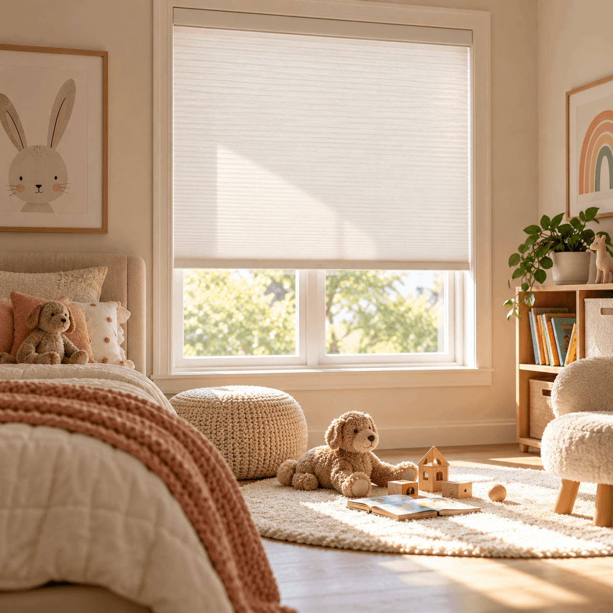 Cordless blinds in a child's room, soft daylight
