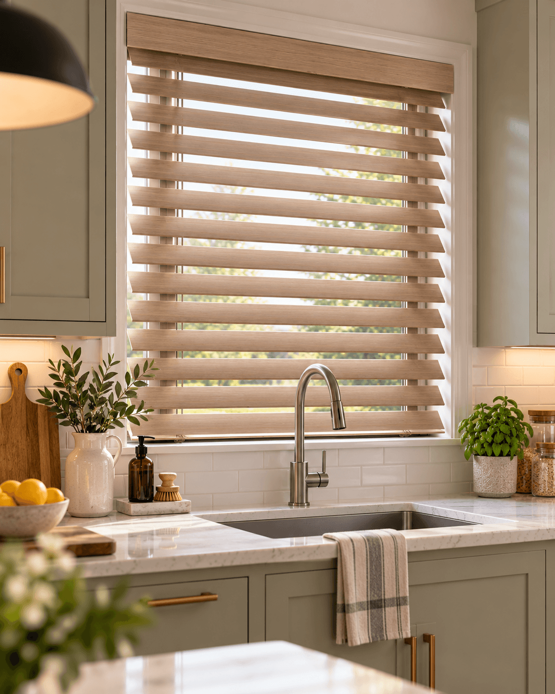 Faux wood blinds in a kitchen