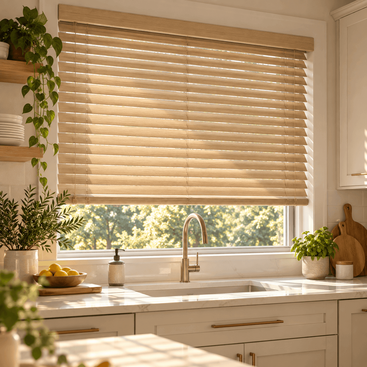 Blinds above a kitchen sink, midday light