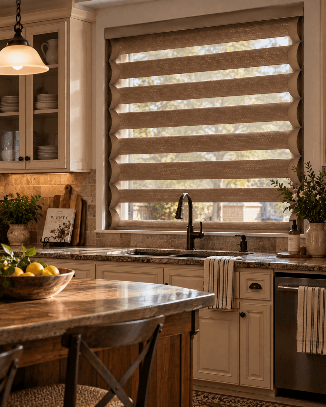 Butterfly blinds above a kitchen sink