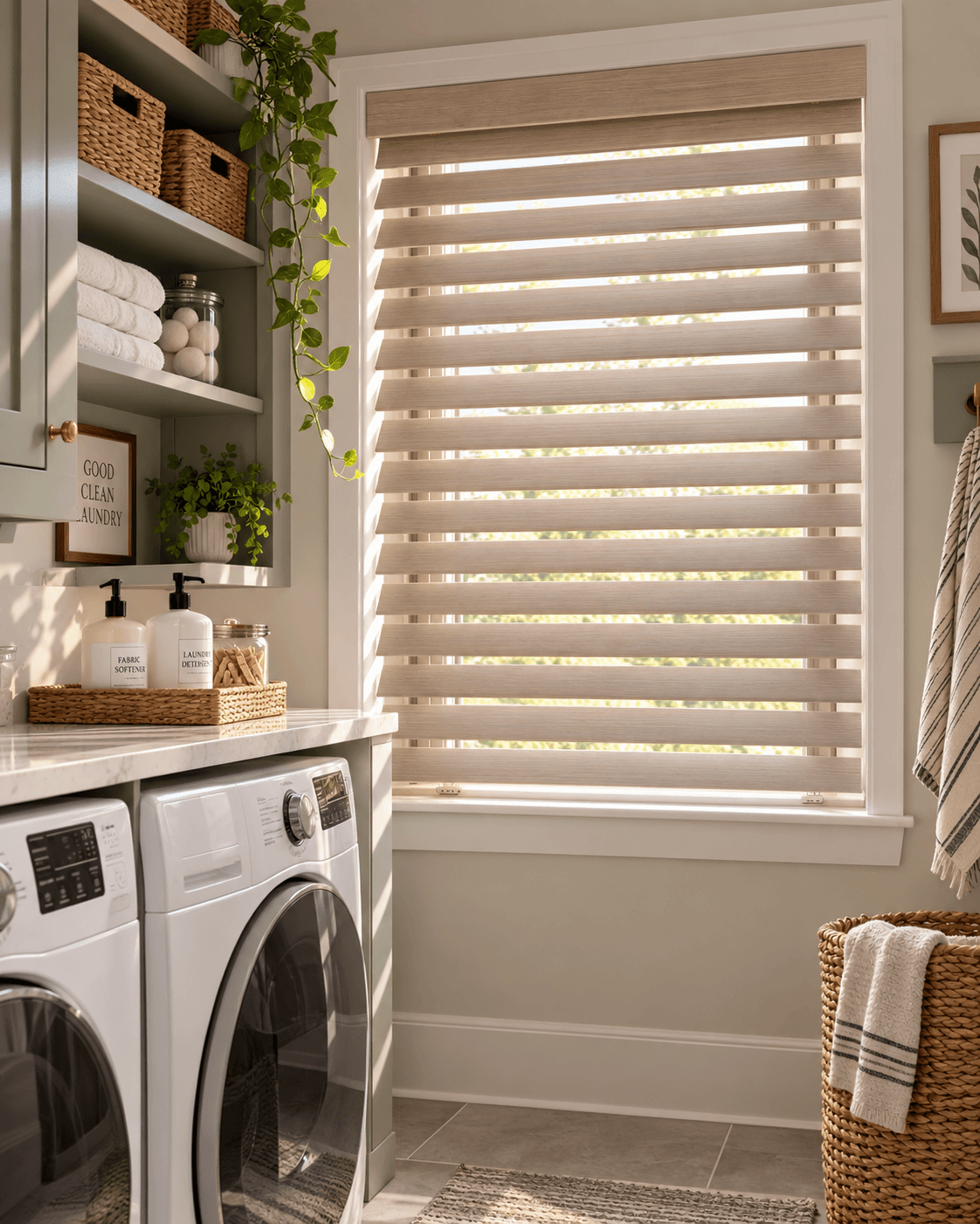 Faux wood blinds in a laundry room