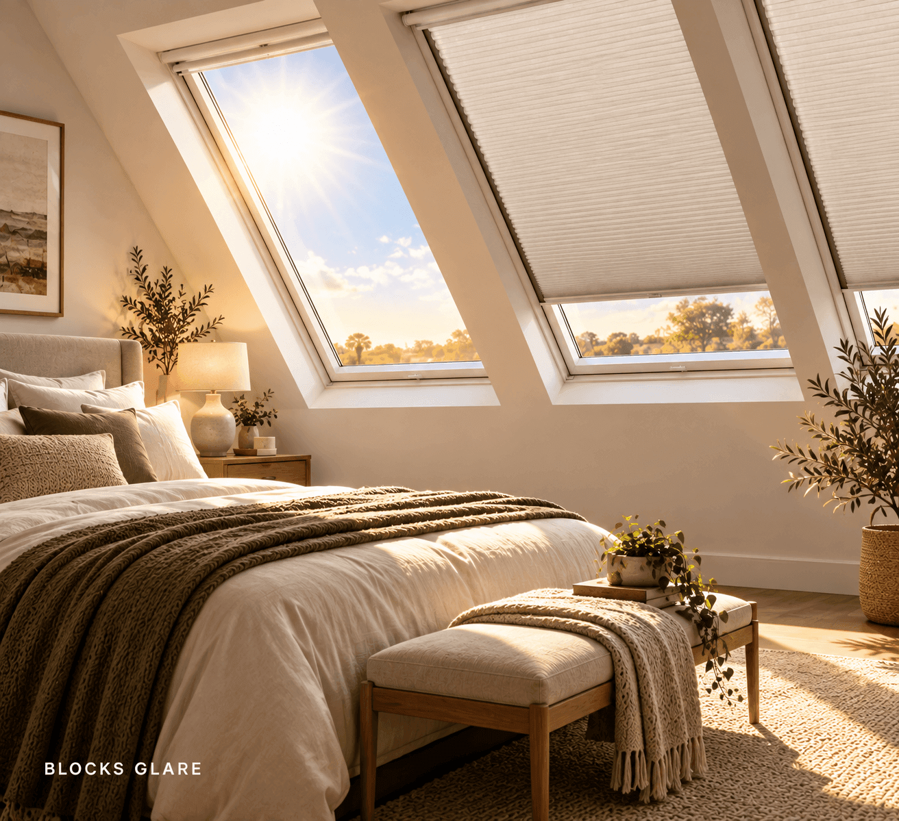 Skylight blind on a south-facing roof window on a hot Texas afternoon