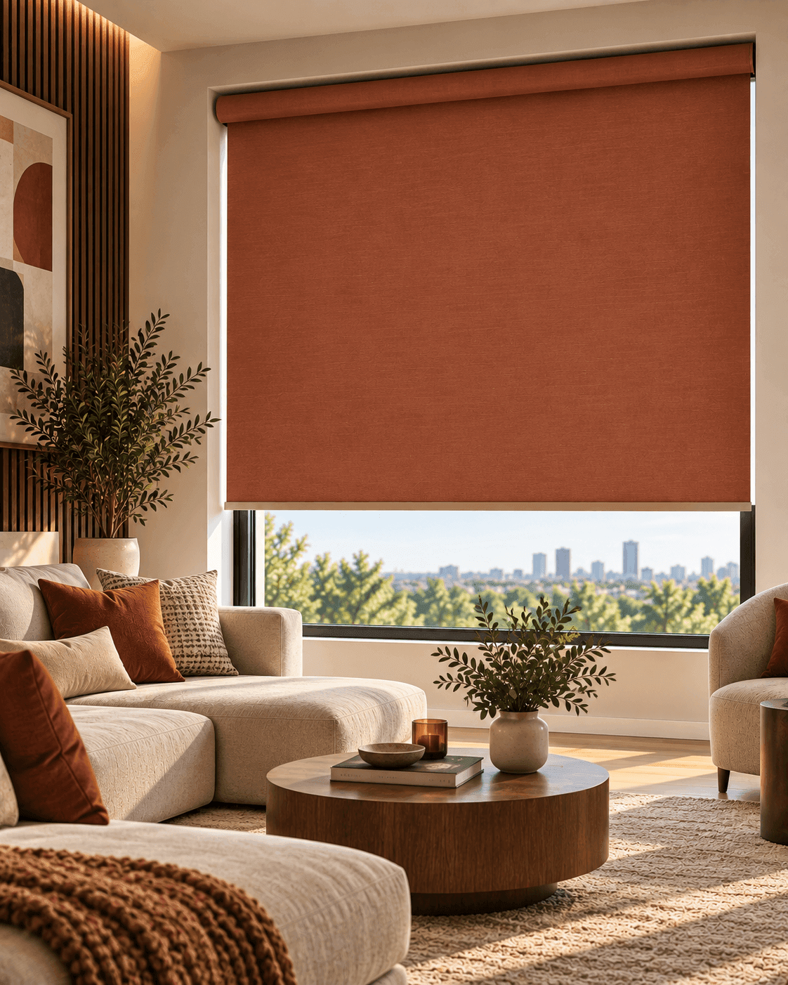 Light-filtering roller blinds in a Plano living room