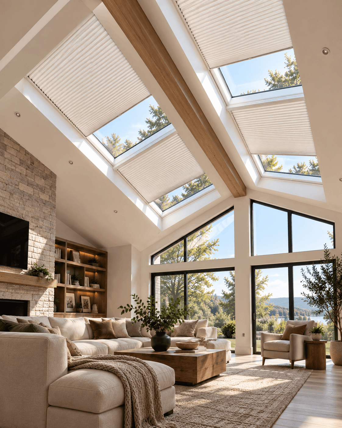 Skylight blind above a vaulted living room