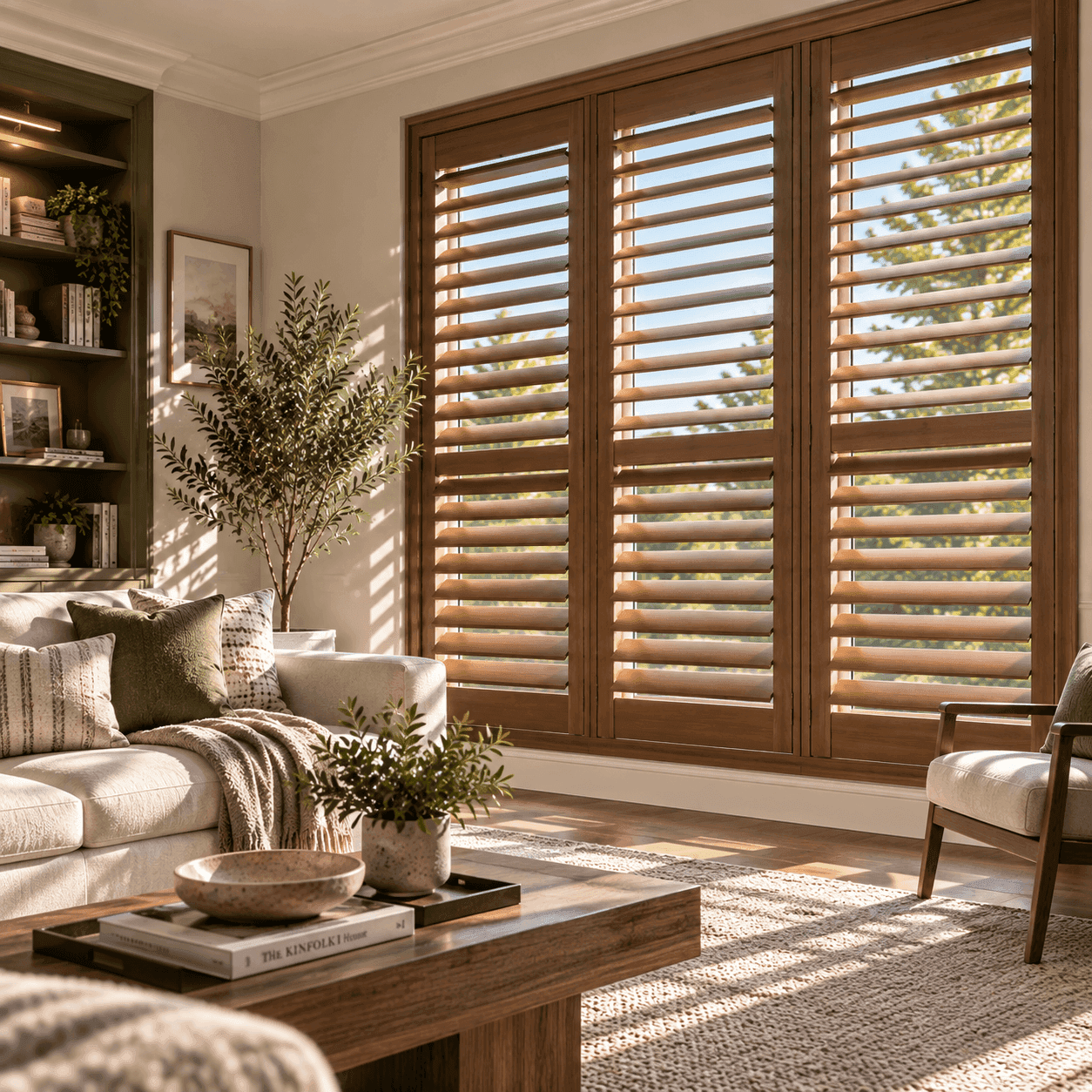 Wood shutters in a formal living room